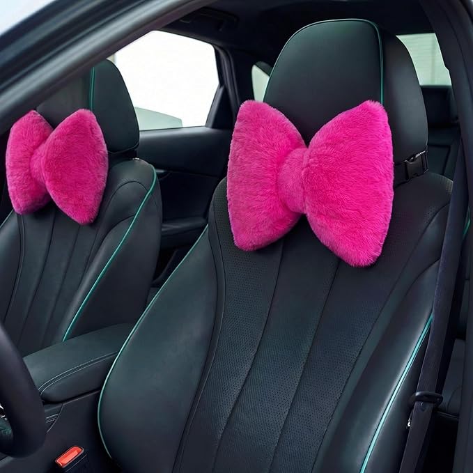 Macarrie 2 Pcs Rose Red Car Neck Pillow Imitation Rabbit Fur Bow Pillow | Soft Comfortable Seat Headrest Support, Cute Bow Car Accessories, Driving Travel Driver Chair Girl Interior Decor, Solid