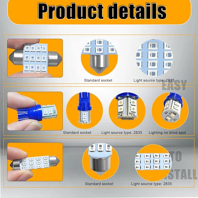 QuicTO LED Interior Light Set, 24 Pieces, Blue, Compatible with Most Vehicles