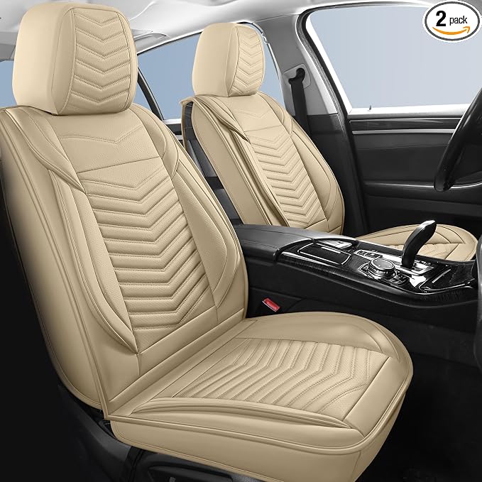 HChengkikz Nappa Leather Car Seat Covers Front Seats, Beige Car seat Protector, Waterproof Car Seat Cushion, Universal Automotive Seat Covers Fit for SUV Truck Pick-up Sedan and Most Cars | Easy Maintenance, Airbag Compatible, Universal Fit For Most SU...
