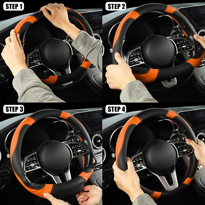Black Orange Microfiber Leather D Shaped Steering Wheel Cover | Breathable Anti Slip Grip Cool Sporty Look Glow for Women Men