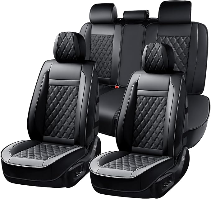 Huidasource Seat Covers Full Set, 5 Layers Full-Cover Leather Seat Cover Hollow Design Airbag Pops, Front ＆ Back Seat, Seat Covers for Most Cars, Vans, Trucks, SUVs Universal Fit (Full Set/Black)