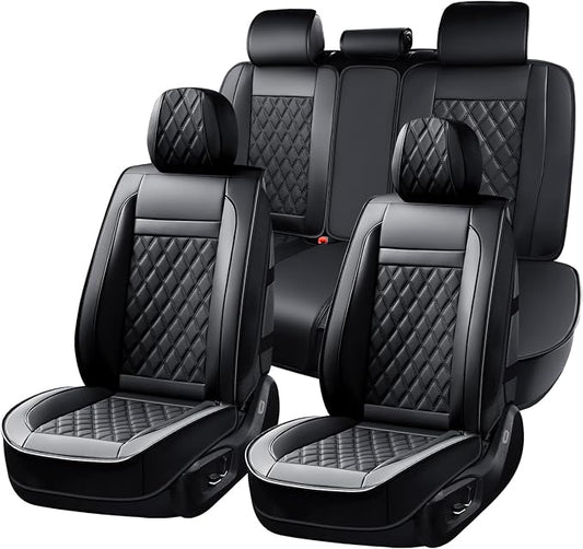 Huidasource Seat Covers Full Set, 5 Layers Full-Cover Leather Seat Cover Hollow Design Airbag Pops, Front ＆ Back Seat, Seat Covers for Most Cars, Vans, Trucks, SUVs Universal Fit (Full Set/Black)
