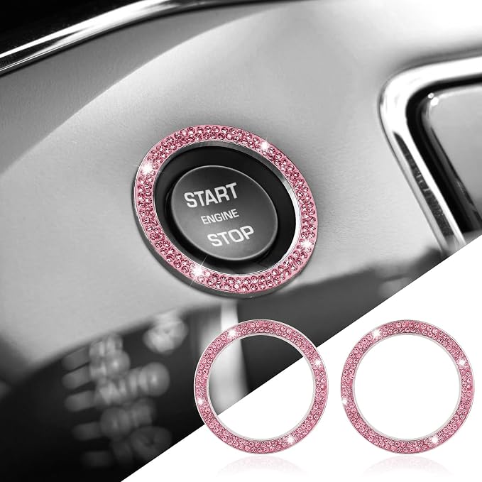 2PCS Bling Car Crystal Rhinestone Ring Emblem Sticker, Push to Start Button Cover/Sticker, Key Ignition Starter & Knob Ring, Car Interior Decoration Bling Car Accessories for Women