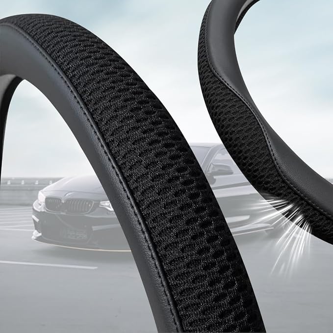 Car Steering Wheel Cover, 15 inch Ice Silk Leather Soft Comfortable Vehicle Steering Wheel Protector, Breathable Automotive Interior Accessories, Universal for SUV Sedan Truck (Black)