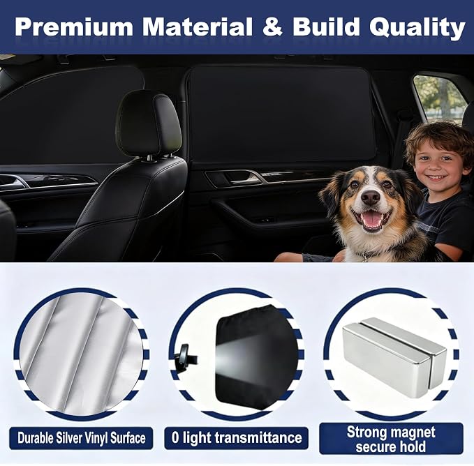 XCBYT Car Window Shades for Side Windows, 4 Pack, Cooling & Privacy | Reflective cooling & privacy for camping and work break. Fits iron frames only; measure first. May not fully cover large SUVs