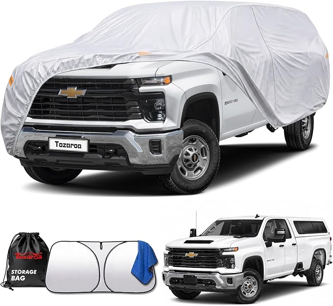 Truck Cover Waterproof All-Weather,Outdoor Full Exterior Pickup Covers for Truck Cover with Camper Shell Topper (242-262 inch),with Windshield Sun Shade,Size T7+ (See Size Chart)