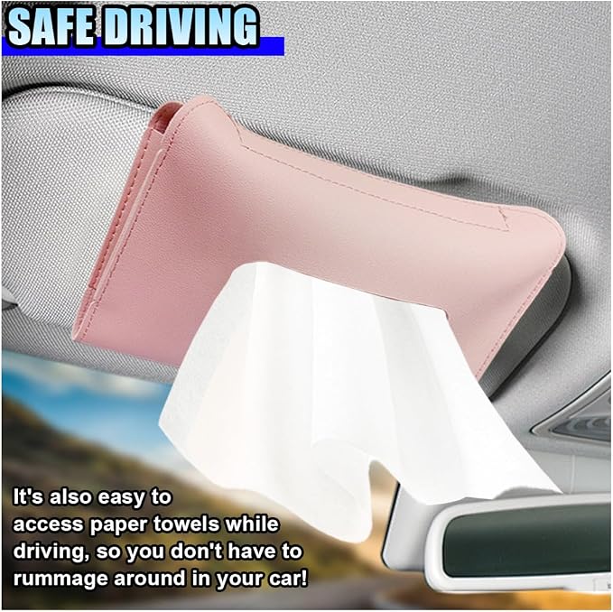 Car Visor Tissue Holder - Leather Tissue Box Holders Car Mask Dispenser - Hanging Car Napkin Holder Auto Tissues Dispenser - Rectangular Mask Holders Sun Visor Accessory for Vehicles (Pink)