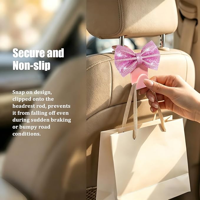2PCS Bling Bow Headrest Hooks, Car Seat Bag Hangers, Pink | Pvc and rhinestone construction, butterfly bow decoration, rear seat storage, bag and coat hanging, car interior accessories