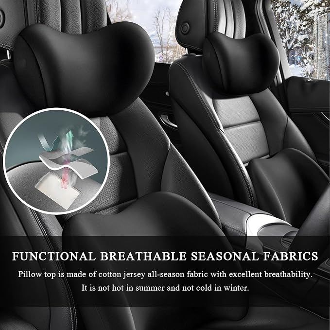 Car Headrest & Lumbar Support Cushion, Ergonomic Memory Foam Car Neck Back Support w/Removable Cover, Universal Breathable Lumbar Cushion Headrest Pillow with Adjusatble Strap (Black)