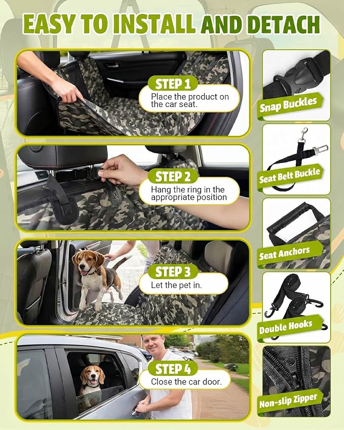 Dog Car Seat Cover, 600D Heavy Dute Car Seat Cover for Dogs Pets, 100% Waterproof Anti-Scratch Nonslip Dog Hammock for Cars, Seat Covers Protector with SeatBelt for Sedan SUV Truck Standard Camo
