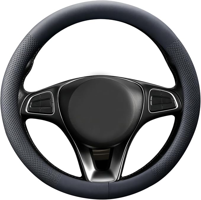 Premium Nappa Leather Steering Wheel Cover, Universal, Comfort Grip, Anti-Slip Breathable, Compatible with 14.5-15 in Steering Wheel Protector, Black