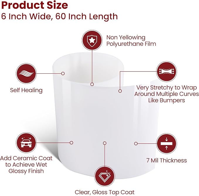 TAPEBEAR Paint Protection Film Clear Gloss 2Sheets x 6 Inch x 60 Inch, Self-Healing TPU Car Wrap Guard, 7mil Thick PPF Film, High Clarity, Non-Yellowing, UV & Scratch Resistant for Cars, Trucks, SUVs