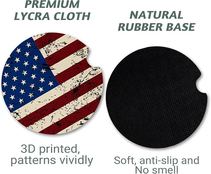 Yonlevres Car Coasters for Cup Holders，2.75" Anti Slip Rubber Mat with A Finger Notch, 2 Pack Car Cup Holder Coasters for Car Interior Accessories for Women Men American Flag