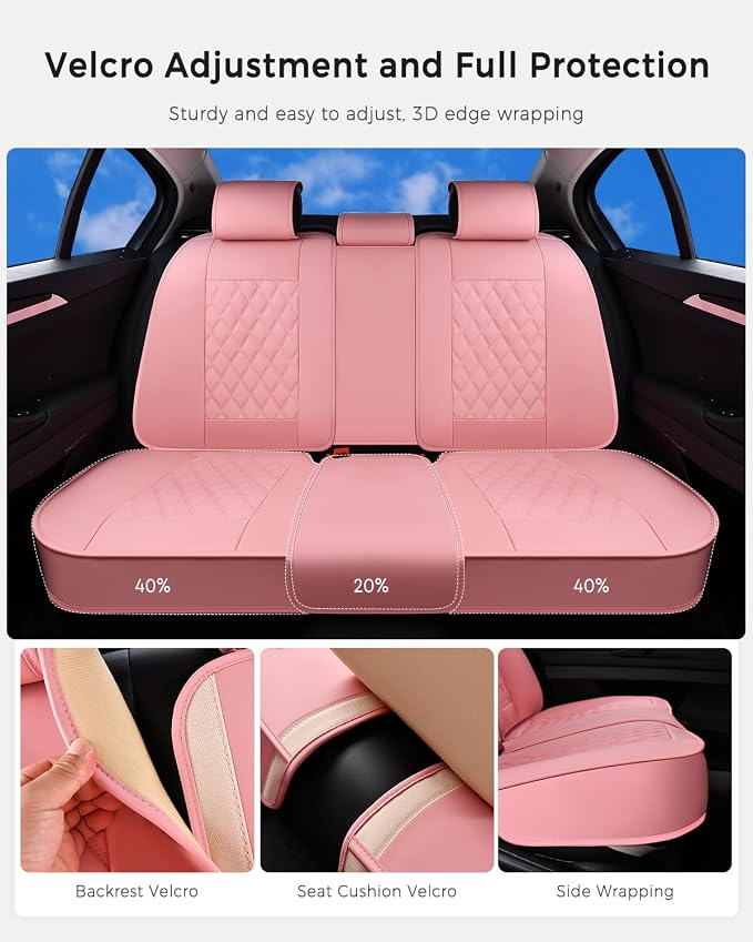 Huidasource Pink Rear Seat Covers, Nappa Leather Back Seat Covers Velcro Adjustable, Compatible with Seat Belts, Child Safety Seats, Fit for Most Cars SUVs Trucks (Back Row/Pink)