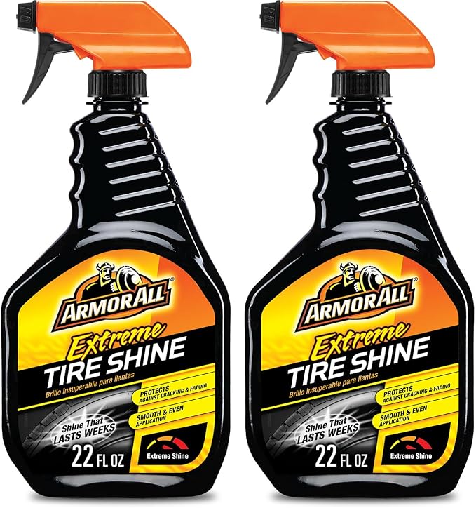 Armor All Tire Shine Spray, Even Shine, Minimal Overspray, 2 Count | No-wipe formula for clean, dry tires; apply after cleaner and let dry for 5 mins and elevate your car cleaning supplies