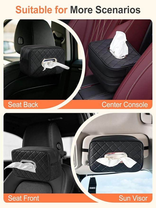 2 Pack Car Tissue Holder, Diamond-quilted Stitching Tissue Box Cover with 2 Mesh Storage Pockets, PU Leather Rectangle Napkin Organizer Fit for 90-160 Regular Size Tissues,Black