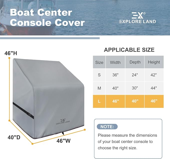 Explore Land Waterproof Boat Center Console Cover Fade Resistant 600D Marine Grade Fabirc Size up to 46"W x 40"D x 46"H, Grey