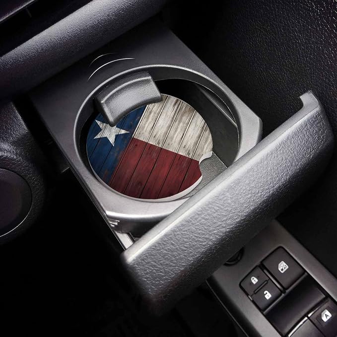 Small Car Coasters for Cup Holders 2.65" Absorbent 2 Pack Car Coaster Ceramic Stone for Drinks Absorb Water Drops Western Texas Star on Rustic Wooden Plank