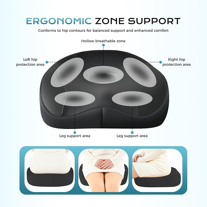 Coverado Car Seat Cushion and Lumbar Support Headrest Pillow, Integrated Ergonomic Memory Foam Back Support Neck Pillow, Soft Leather Breathable Driving Seat Cushion for Sciatica Pain Relief, Black