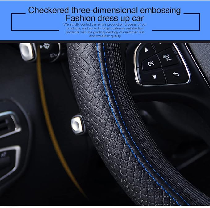 Leather Car Steering Wheel Cover, Elastic, Breathable Anti-Slip, Universal 15 inch, Steering Wheel Cover for Men Women (Black/Blue)