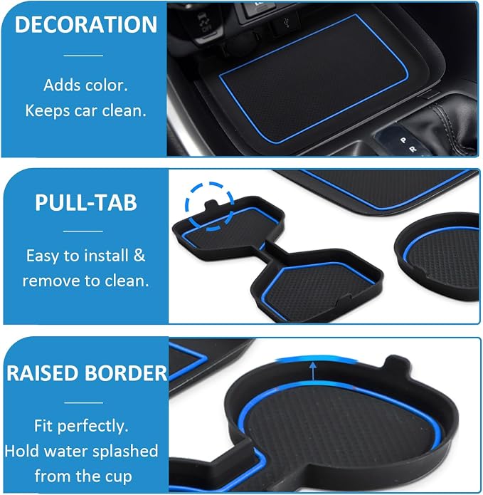 Auovo 3D Cup Holder Insert Liners Compatible with Toyota RAV4 Accessories 2025 2024 2023 2022 2021 2020 2019 Car Custom Cup Holder Mats Pads 3-pc Set (Blue Trim)