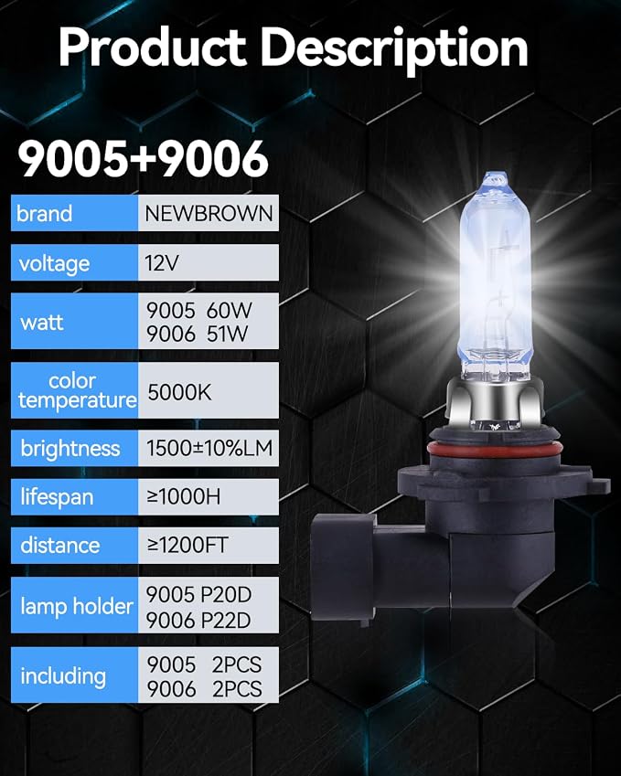 NEWBROWN 9005/HB3 & 9006/HB4 Headlight Bulbs Combo, 5000K Super White Light Long Life Replacement Halogen Headlight Bulb (9005 & 9006, 4 Pack)
