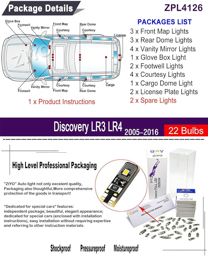 ZIYO LED Interior Light Kit for Land Rover LR3 LR4 Discovery 2005-2016 Dome Light Bulbs Replacement + License Plate Light Bulbs Package, 6000K Xenon White LED Lights Upgrade Error Free (22 Bulbs)