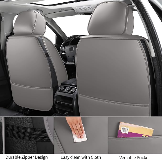Gray Thick Nappa Leather Automotive Front Car Seat Covers Set of 2 | Univerasal Precision Fit,Lumbar Support,3D Contoured,Semi Coverage,Waterproof,ThickTexture,for most Suvs Trucks Sedans