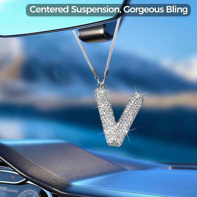 Bling Car Accessories for Women Letter Charm, Rear View Mirror Ornament Cute Hanging Crystal Pendant Girl Car Decorations, Lucky Diamond Rhinestone Girly Charm Interior (White V)