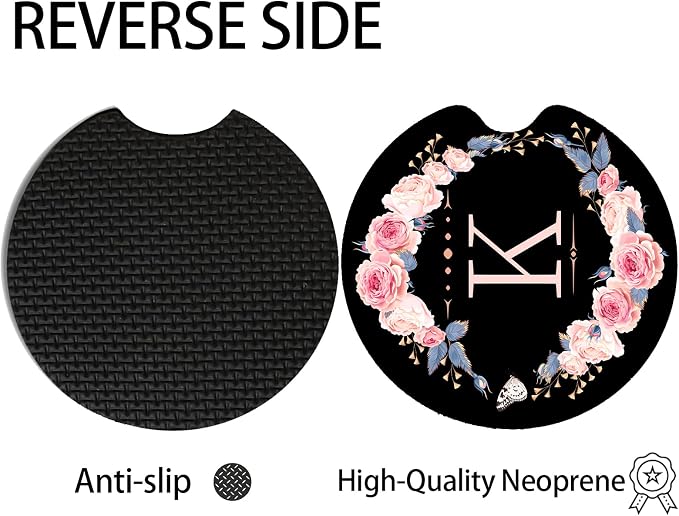 2pcs Letter K Car Coasters,Absorbent Universal neoprener Cup Holder Coasters with a Finger Notch,Car Accessories for Women&Man Interior，2.75"