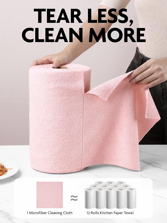 Fantasticlean Microfiber Cleaning Cloth Rolls- 675 Sheets (9 Rolls of Pink) | 12'' by 12'', Super Absorbent, Lint-free, Tear-away Microfiber Towel Roll, for All-Purpose Cleaning