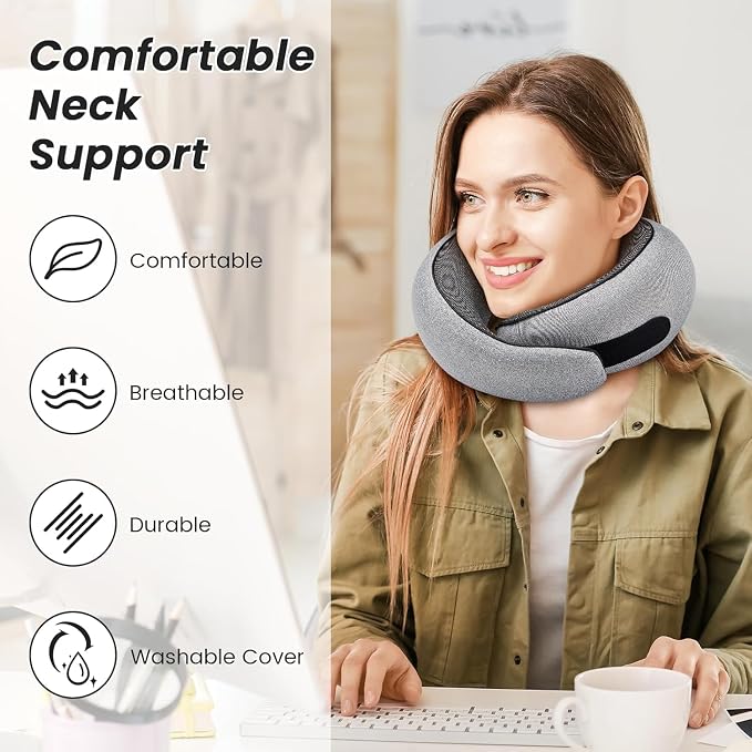 SZXYX Travel Pillows - 100% Pure Memory Foam Neck Pillow for Airplanes, Comfortable Breathable Cover, 360° Support Stowable Pillows for Sleeping, Car, Airport Travel Essentials, Charcoal Grey