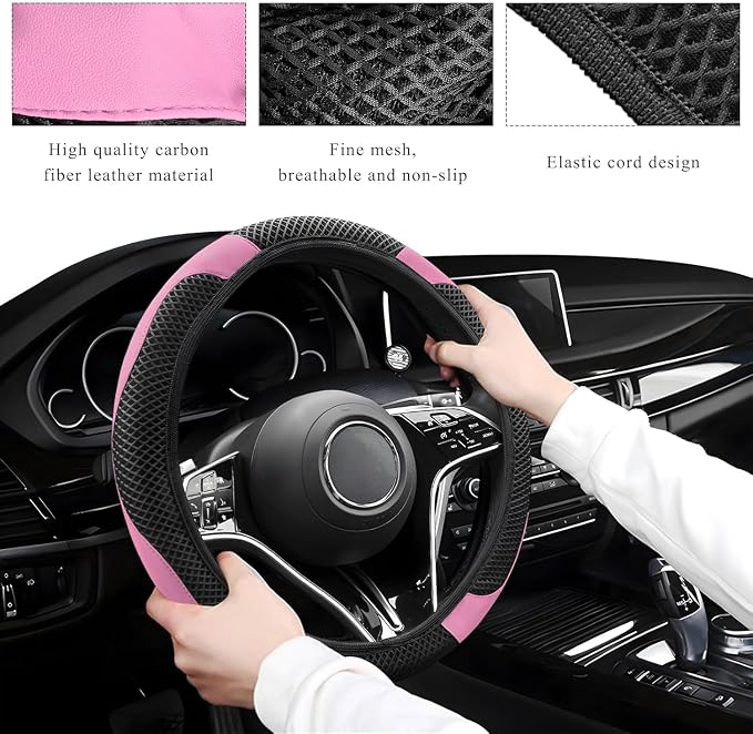 Elastic Stretch Steering Wheel Cover, Warm in Winter and Cool in Summer, Universal 15 inch Microfiber Breathable Ice Silk Anti Slip Car Interior Accessories, Odorless, (Black Pink)