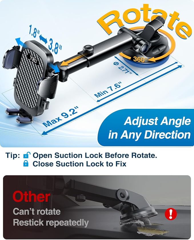 YRU True Military-Grade [360° Rotation Suction] 2026 Ultimate Car Phone Holder Mount【90+LBS Safest Strongest & Patent Certs】 Dash Windshield for iPhone 17 16 Pro Max Speakerphones, Gloss Black
