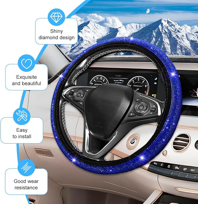 8PCS Bling Car Accessories Set, Sparkly Rhinestone Vehicle Steering Wheel Seat Belt Gear Shift Start Stop Button Cover, Diamond Auto Cup Holder Coaster Decoration, Universal Fit (Blue)