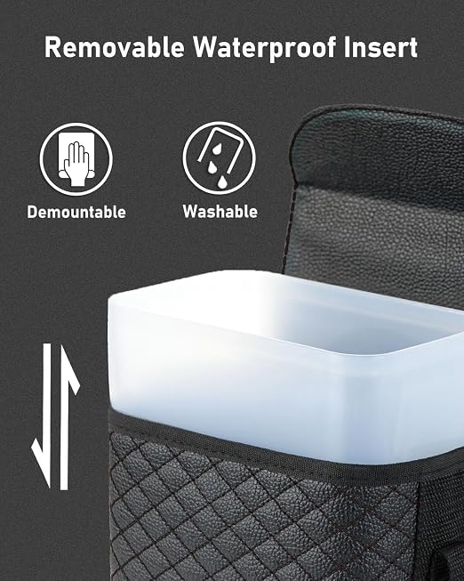 BELINOUS Leather Car Trash Can with Matching Tissue Holder | Waterproof and Leakproof, Mini Car Trash Can with Lid, Adjustable Strap, Small Garbage Bin