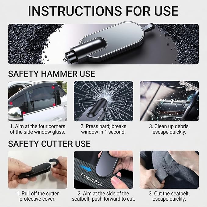 Terrastrike Car Escape Tool, Upgraded Car Escape Tool – 2-Pack Emergency Safety Hammer (Black (2 Pack))