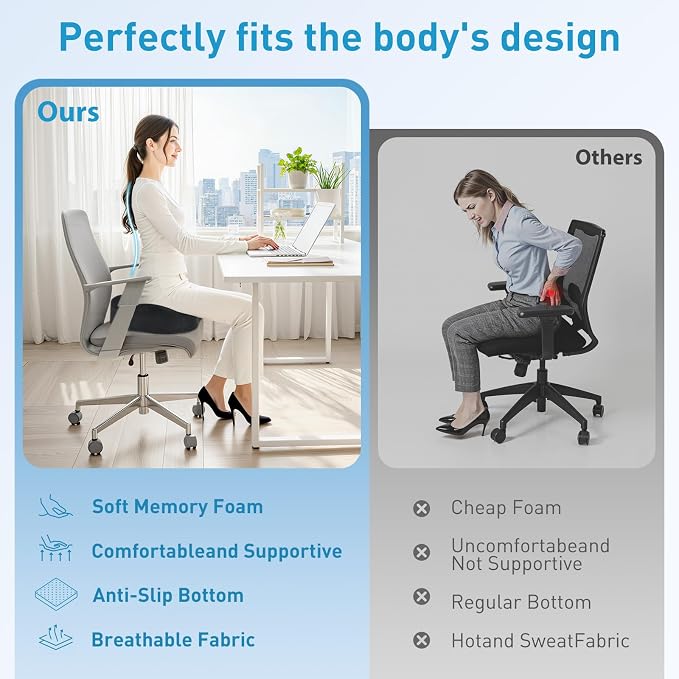 BlissTrends Extra Thick Seat Cushion for Office Chair & Car Seat,Grey | Tailbone & Sciatica Relief, Ergonomic Support, High-Density Memory Foam, Comfort for Extended Sitting
