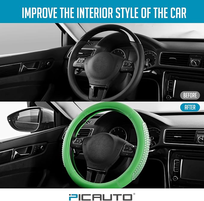 PIC AUTO Steering Wheel Cover, Green Leather, Fits 14.5-15.5 Inch Wheels | Universal Steering Wheel Cover with Anti-Slip Grip, Durable Car Interior Accessory, Fits Most Cars, SUVs, Trucks and Vans