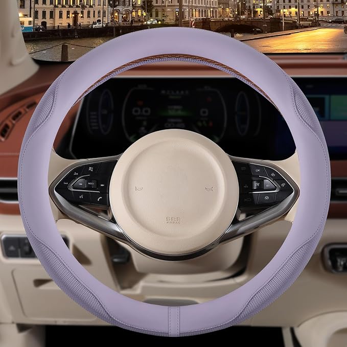 Nappa Leather Ice Silk Fabric Purple Steering Wheel Cover | Non-Slip Breathable Soft Car Accessories, Warm in Winter and Cool in Summer, Small 13.5 inch to 14 inch for Prius Civic