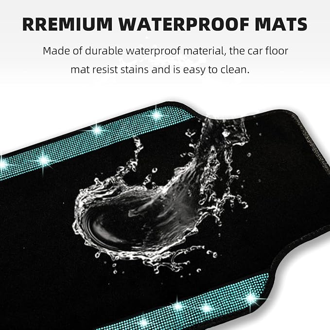 NBTEPEM Bling Car Floor Mats Full Set and Steering Wheel Cover, Universal Fit Most Cars, 4 pcs Sparkle Glitter Diamond Carpet, 5 pcs Bling Car Accessories Set for Women (Aquamarine Diamond)