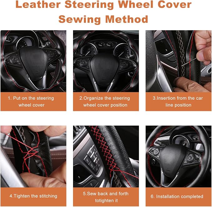 Genuine Leather Steering Wheel Cover, 15 Inch Stitch on Wheel Wrap with Needles & Threads, Breathable Steering Wheel Protector DIY Sewing Wrap for Car Truck SUV (Beige, Glossy)