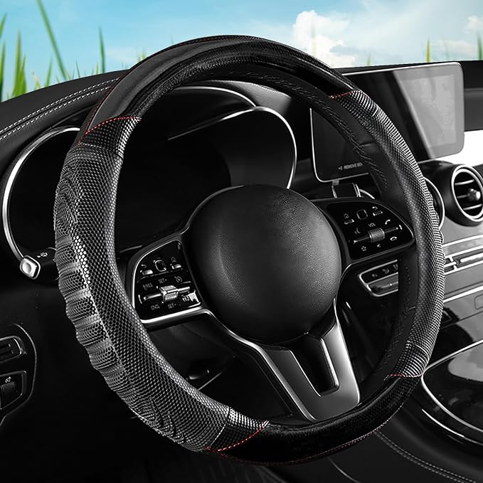 5D Honeycomb Black Car Steering Wheel Cover,14.5-15 Inch Universal Carbon Fibre Leather Covers Breathable Anti-Slip Odorless Steering Wheels Accessories for Men Women