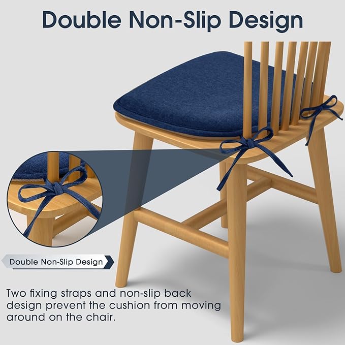 TushGuard Chair Cushions, 4 Pack Memory Foam Chair Pads, Thin Seat Cushion, Kitchen Chair Cushions Set of 4, Anti-Slip Backing & Fixed Straps, 1.4 in Thick, Navy Blue