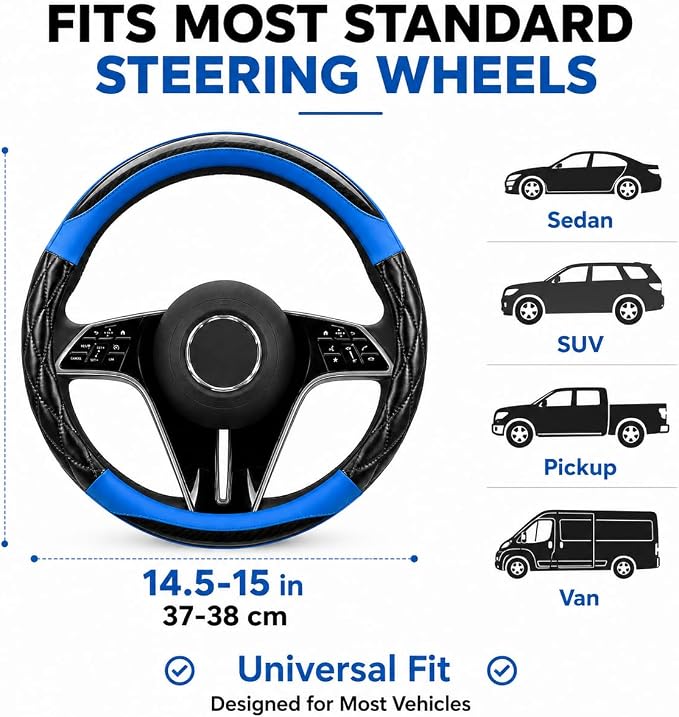 Couslcd 14.5-15 Inch Leather Steering Wheel Cover with Soft Padded Lining, Anti-Slip Comfort Grip, Universal Steering Wheel Protector for Most Cars, SUVs, Trucks (Blue)