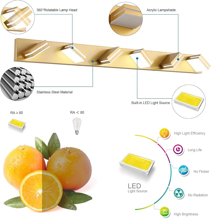 SineRise LED Modern Bathroom Vanity Light Fixtures (6-Light, 48-Inch, Dimmable), Matte Gold Modern Acrylic Bathroom Wall Lighting Fixtures Over Mirror (Cool White 6000K)