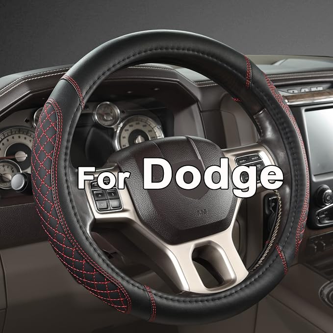 West Llama Customized Auto Car Steering Wheel Cover for Dodge 1989-2011 RAM 1500 2500 3500, Charger, Durango, Challenger (Diamond Quilted-Black+Red-Standard Size)