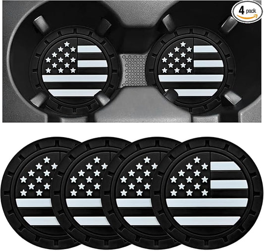 4 PCS Car Cup Holder Coasters, 2.75 Inch Universal Non-Slip American Flag Insert Coaster for Auto Cup Holders, Shockproof Car Drink Mat for Men Women, Vehicle Interior Decor (Black)