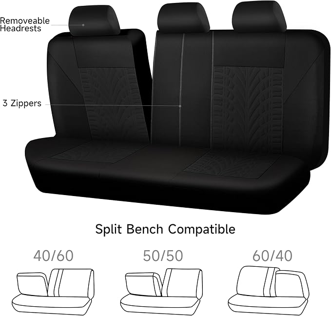 CAR PASS Car Seat Covers Full Sets, Front & Split Rear Bench for Car, 3D Tyre Embossed Automotive Interior Covers, Airbag Compatible, Quick Setup Universal Fit Seat Covers for Car, SUV(All Black)