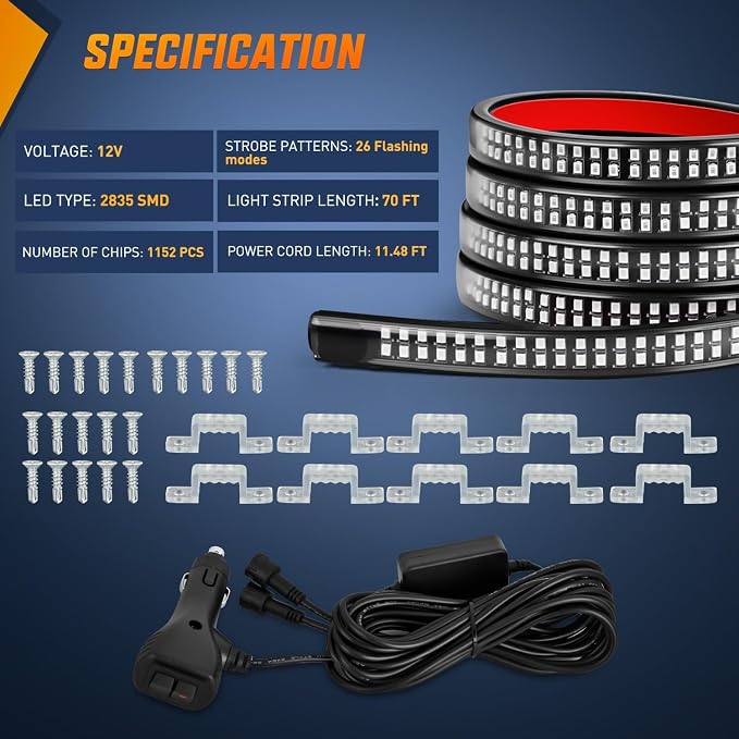 Nilight 2PCS 70 Inch Emergency Strobe Lights Strip 1125 LED Running Board Marker Light Red Blue Flexible Side Flashing Warning Caution Safety Waterproof for Truck Construction Vehicles Pickup